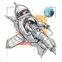 a rectangular poster frame. the image in the frame is advertising space flight. retro futuristic style tattoo design idea