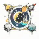 a rectangular poster frame. the image in the frame is advertising space flight. retro futuristic style tattoo design idea