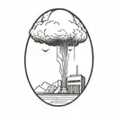 an abstract nuclear explosion mushroom cloud destroying a city in an abstract black line frame tattoo design idea