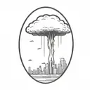 an abstract nuclear explosion mushroom cloud destroying a city in an abstract black line frame tattoo design idea