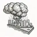 a nuclear explosion mushroom cloud destroying a city in a rectangular picture frame hanging on a wall tattoo design idea