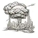 a nuclear explosion mushroom cloud destroying a city in a rectangular picture frame hanging on a wall tattoo design idea