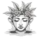 head poking out of a plant pot with soil on top of the head and flowers growing out of it. using thick black lines. tattoo design idea