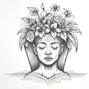 head poking out of a plant pot with soil on top of the head and flowers growing out of it. using thick black lines. tattoo design idea