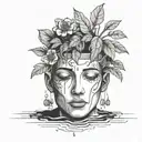 head poking out of a plant pot with soil on top of the head and flowers growing out of it. using thick black lines. tattoo design idea