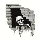 a skeleton hiding and stuck in a brick wall tattoo design idea