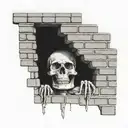 a skeleton hiding and stuck in a brick wall tattoo design idea