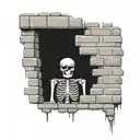 a skeleton hiding and stuck in a brick wall tattoo design idea