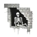 a skeleton hiding and stuck in a brick wall tattoo design idea