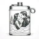 a thermos flask surrounded by deep snow with an image of a couple kissing on it tattoo design idea