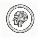 a brain inside a simple thick black line circular frame with geometric patterns shooting from it tattoo design idea