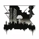 a nuclear explosion mushroom cloud destroying a city in a rectangular picture frame hanging on a wall tattoo design idea
