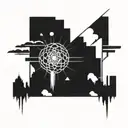 a nuclear explosion mushroom cloud destroying a city in a rectangular picture frame hanging on a wall tattoo design idea