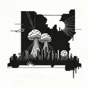 a nuclear explosion mushroom cloud destroying a city in a rectangular picture frame hanging on a wall tattoo design idea
