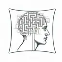 a human head laying back on a pillow with geometric shapes like a maze coming out of the top of his head tattoo design idea
