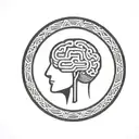 a brain inside a simple thick black line circular frame with geometric patterns shooting from it tattoo design idea