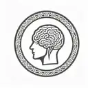a brain inside a simple thick black line circular frame with geometric patterns shooting from it tattoo design idea