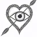 an eyeball with an arrow shooting through it encapsulated in a heart shape black and white tattoo design idea