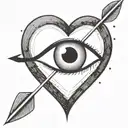 an eyeball with an arrow shooting through it encapsulated in a heart shape black and white tattoo design idea