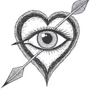 an eyeball with an arrow shooting through it encapsulated in a heart shape black and white tattoo design idea