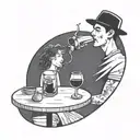 a very simple line illustration of a close up person drinking sangria in a park within a perfect circle tattoo design idea