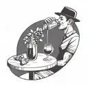 a very simple line illustration of a close up person drinking sangria in a park within a perfect circle tattoo design idea