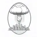 an abstract nuclear explosion mushroom cloud destroying a city in an abstract black line frame tattoo design idea