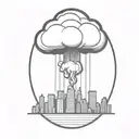 an abstract nuclear explosion mushroom cloud destroying a city in an abstract black line frame tattoo design idea