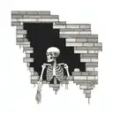 a skeleton hiding and stuck in a brick wall tattoo design idea