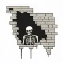 a skeleton hiding and stuck in a brick wall tattoo design idea