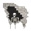 a skeleton hiding and stuck in a brick wall tattoo design idea