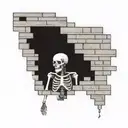 a skeleton hiding and stuck in a brick wall tattoo design idea