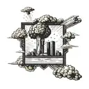 a nuclear explosion mushroom cloud destroying a city in a rectangular picture frame hanging on a wall tattoo design idea