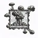 a nuclear explosion mushroom cloud destroying a city in a rectangular picture frame hanging on a wall tattoo design idea
