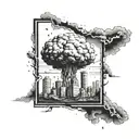 a nuclear explosion mushroom cloud destroying a city in a rectangular picture frame hanging on a wall tattoo design idea