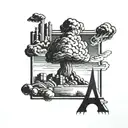 a nuclear explosion mushroom cloud destroying a city in a rectangular picture frame hanging on a wall tattoo design idea