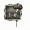 a nuclear explosion mushroom cloud destroying a city in a rectangular picture frame hanging on a wall tattoo design idea