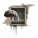 a nuclear explosion mushroom cloud destroying a city in a rectangular picture frame hanging on a wall tattoo design idea