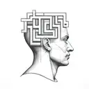 a human head laying back on a pillow with geometric shapes like a maze coming out of the top of his head tattoo design idea