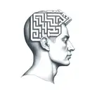 a human head laying back on a pillow with geometric shapes like a maze coming out of the top of his head tattoo design idea