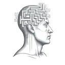 a human head laying back on a pillow with geometric shapes like a maze coming out of the top of his head tattoo design idea