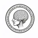 a brain inside a simple thick black line circular frame with geometric patterns shooting from it tattoo design idea
