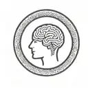 a brain inside a simple thick black line circular frame with geometric patterns shooting from it tattoo design idea