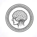 a brain inside a simple thick black line circular frame with geometric patterns shooting from it tattoo design idea