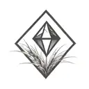 a diamond balancing on top of a single blade of grass using bold black lines in a bold black frame tattoo design idea