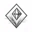 a diamond balancing on top of a single blade of grass using bold black lines in a bold black frame tattoo design idea