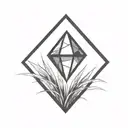 a diamond balancing on top of a single blade of grass using bold black lines in a bold black frame tattoo design idea
