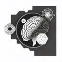 a brain inside a circular frame with geometric patterns shooting from it tattoo design idea