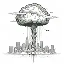 an abstract nuclear explosion mushroom cloud destroying a major city in an abstract black line frame tattoo design idea