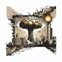 a nuclear explosion mushroom cloud destroying a city in a rectangular picture frame hanging on a wall tattoo design idea